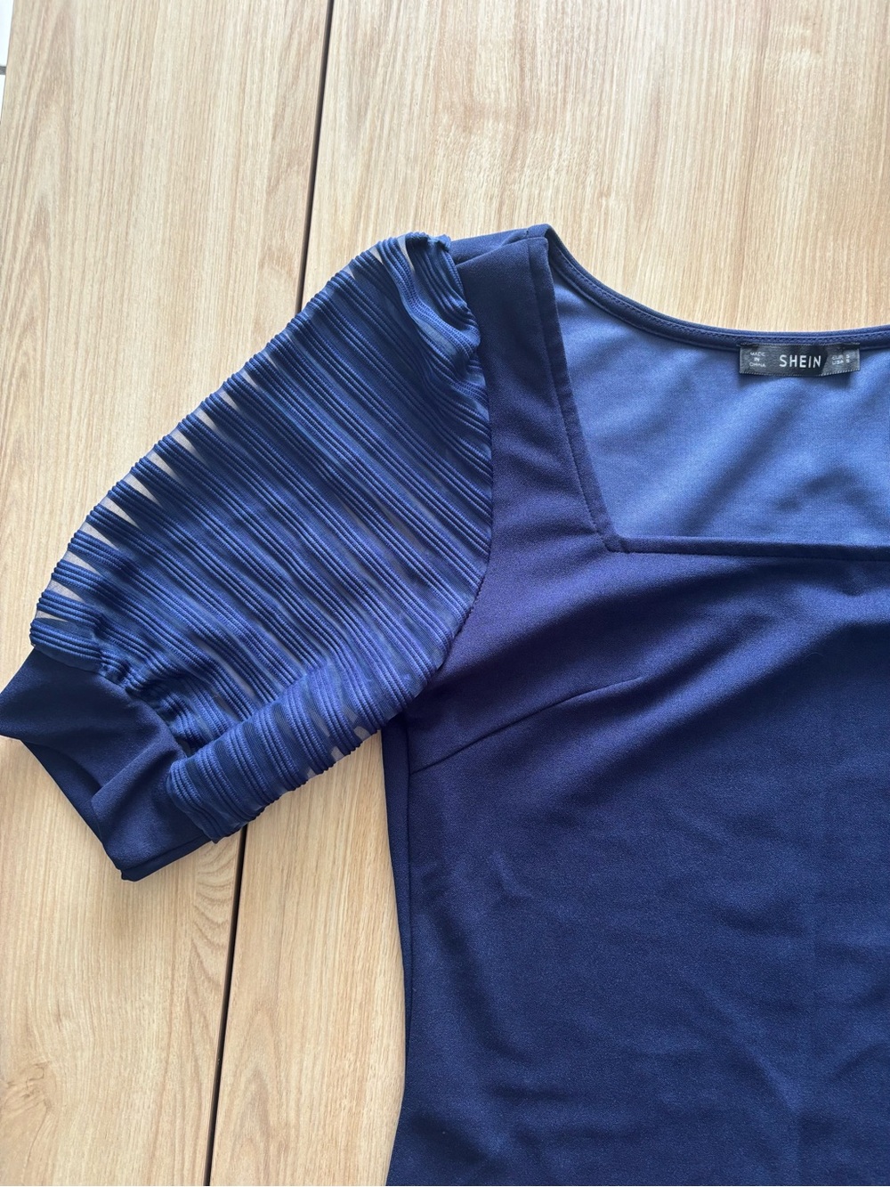 SHEIN Navy Blue Square Neck Top Pleated Mesh Cutout Half Sleeve Small - Picture 2 of 3